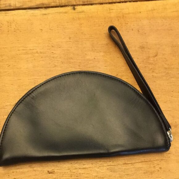 Eileen Fisher Black Leather Half Moon Pouch Cosmetics Case wristlet - Picture 5 of 16